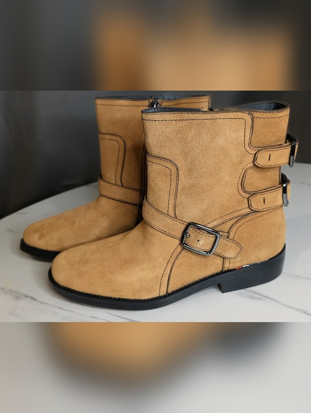 Franco Sarto Suede Moto Ankle Boots Tan Buckle Zip Booties Sz 8 NIB